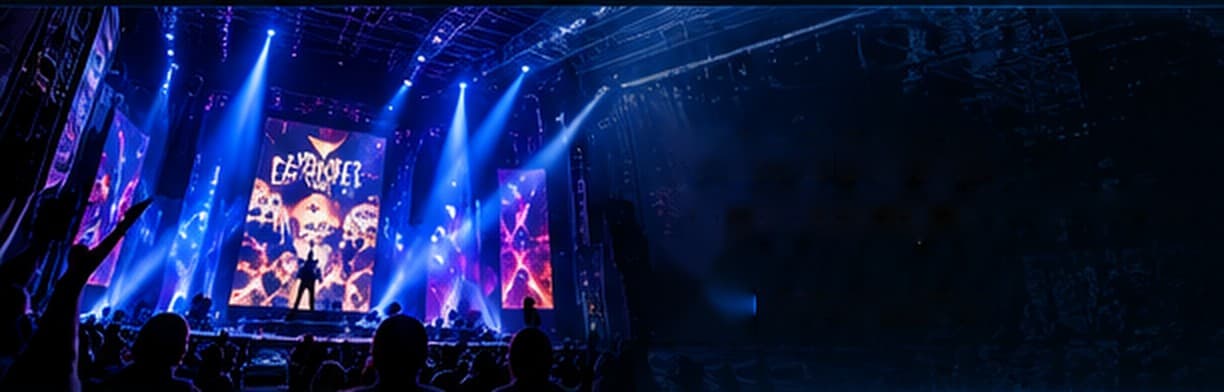 Mavi ışıklar ve ekranlarla konser sahnesi